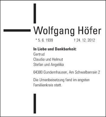 Traueranzeige von Wolfgang Höfer von Echo-Zeitungen (Gesamtausgabe)