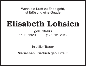 Traueranzeige von Elisabeth Lohsien von Odenwälder Echo