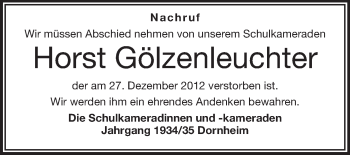 Traueranzeige von Horst Gölzenleuchter von Rüsselsheimer Echo, Groß-Gerauer-Echo, Ried Echo