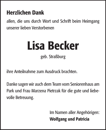 Traueranzeige von Lisa Becker von Rüsselsheimer Echo, Groß-Gerauer-Echo, Ried Echo