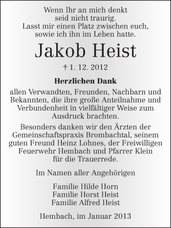 Traueranzeige von Jakob Heist von Odenwälder Echo