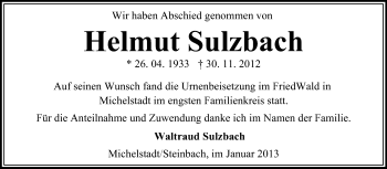 Traueranzeige von Helmut Sulzbach von Odenwälder Echo