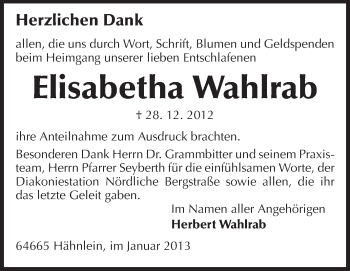 Traueranzeige von Elisabetha Wahlrab von Echo-Zeitungen (Gesamtausgabe)