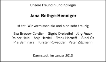 Traueranzeige von Jana Bethge-Henninger von Echo-Zeitungen (Gesamtausgabe)