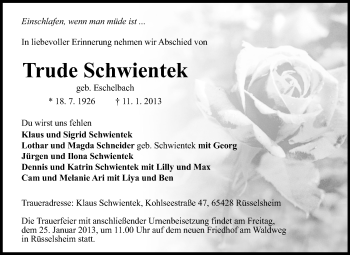 Traueranzeige von Trude Schwientek von Rüsselsheimer Echo, Groß-Gerauer-Echo, Ried Echo