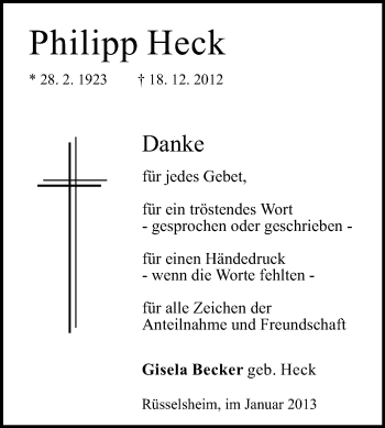 Traueranzeige von Philipp Heck von Rüsselsheimer Echo, Groß-Gerauer-Echo, Ried Echo