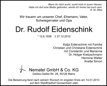Traueranzeige von Rudolf Eidenschink von Echo-Zeitungen (Gesamtausgabe)