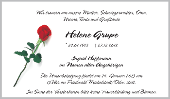Traueranzeige von Helene Grupe von Rüsselsheimer Echo, Groß-Gerauer-Echo, Ried Echo