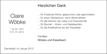 Traueranzeige von Claire Wöbke von Darmstädter Echo, Odenwälder Echo, Rüsselsheimer Echo, Groß-Gerauer-Echo, Ried Echo