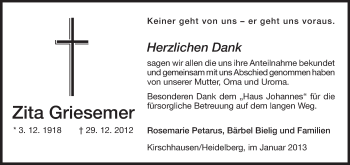 Traueranzeige von Zita Griesemer von Starkenburger Echo