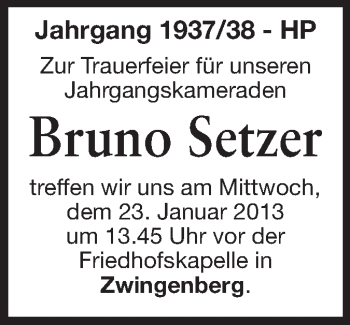 Traueranzeige von Bruno Setzer von Starkenburger Echo