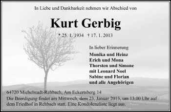 Traueranzeige von Kurt Gerbig von Odenwälder Echo