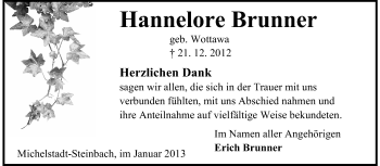 Traueranzeige von Hannelore Brunner von Odenwälder Echo