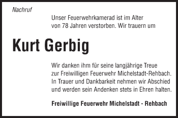 Traueranzeige von Kurt Gerbig von Odenwälder Echo