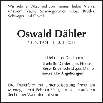 Traueranzeige von Oswald Dähler von Echo-Zeitungen (Gesamtausgabe)