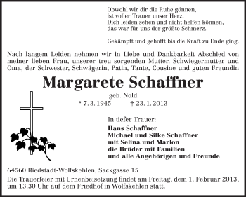 Traueranzeige von Margarete Schaffner von Rüsselsheimer Echo, Groß-Gerauer-Echo, Ried Echo