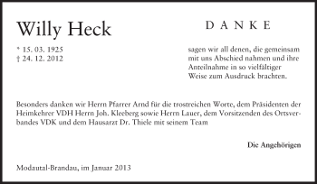 Traueranzeige von Willy Heck von Echo-Zeitungen (Gesamtausgabe)