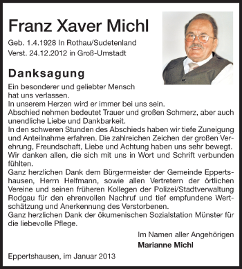 Traueranzeige von Franz Xaver Michl von Echo-Zeitungen (Gesamtausgabe)