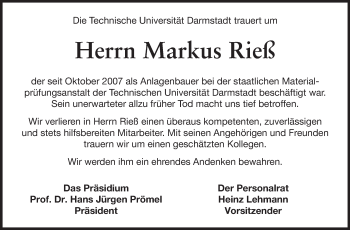 Traueranzeige von Markus Ries von Echo-Zeitungen (Gesamtausgabe)