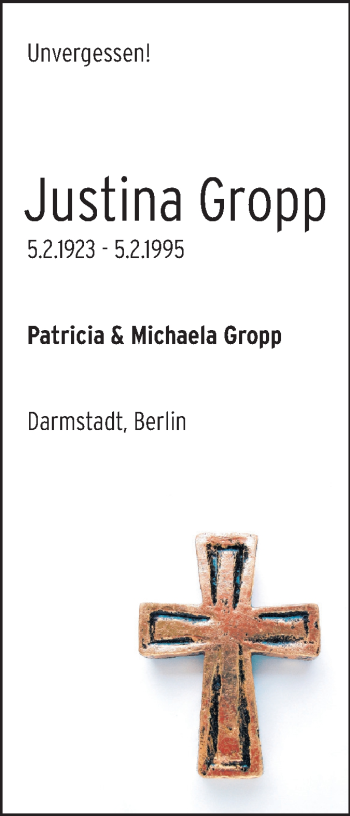 Traueranzeige von Justina Gropp von Echo-Zeitungen (Gesamtausgabe)