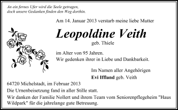 Traueranzeige von Leopoldine Veith von Odenwälder Echo