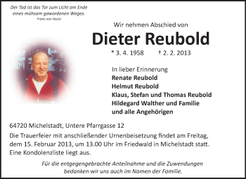 Traueranzeige von Dieter Reubold von Odenwälder Echo