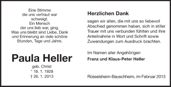 Traueranzeige von Paula Heller von Rüsselsheimer Echo, Groß-Gerauer-Echo, Ried Echo