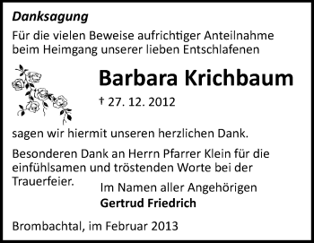 Traueranzeige von Barbara Krichbaum von Odenwälder Echo