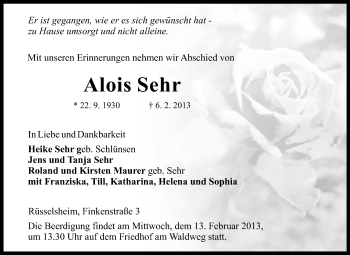 Traueranzeige von Alois Sehr von Rüsselsheimer Echo, Groß-Gerauer-Echo, Ried Echo