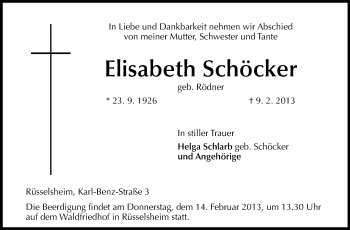 Traueranzeige von Elisabeth Schöcker von Rüsselsheimer Echo, Groß-Gerauer-Echo, Ried Echo