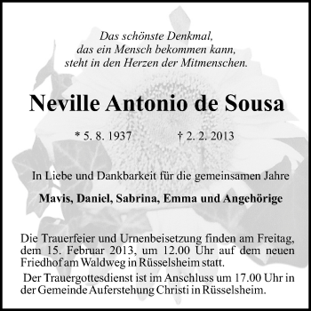 Traueranzeige von Nevile Antonio de Sousa von Rüsselsheimer Echo, Groß-Gerauer-Echo, Ried Echo