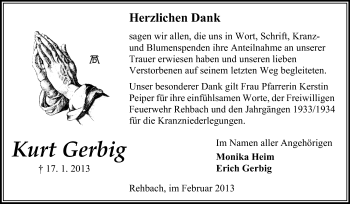 Traueranzeige von Kurt Gerbig von Odenwälder Echo