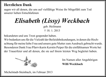 Traueranzeige von Elisabeth Weckbach von Odenwälder Echo