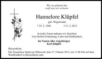 Traueranzeige von Hannelore Klüpfel von Rüsselsheimer Echo, Groß-Gerauer-Echo, Ried Echo
