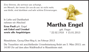 Traueranzeige von Martha Engel von Rüsselsheimer Echo, Groß-Gerauer-Echo, Ried Echo