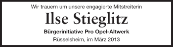 Traueranzeige von Ilse Stieglitz von Rüsselsheimer Echo, Groß-Gerauer-Echo, Ried Echo