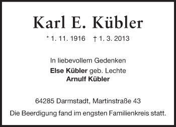 Traueranzeige von Karl Kübler von Echo-Zeitungen (Gesamtausgabe)