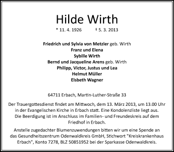 Traueranzeige von Hilde Wirth von Odenwälder Echo Traueranzeige von Hilde Wirth von Odenwälder Echo