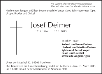 Traueranzeige von Josef Deimer von Rüsselsheimer Echo, Groß-Gerauer-Echo, Ried Echo