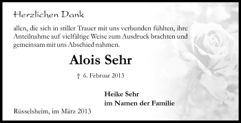 Traueranzeige von Alois Sehr von Rüsselsheimer Echo, Groß-Gerauer-Echo, Ried Echo