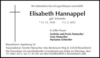 Traueranzeige von Elisabeth Hannappel von Rüsselsheimer Echo, Groß-Gerauer-Echo, Ried Echo