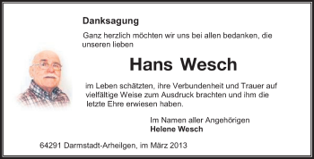 Traueranzeige von Hans Wesch von Echo-Zeitungen (Gesamtausgabe)