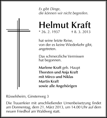 Traueranzeige von Helmut Kraft von Rüsselsheimer Echo, Groß-Gerauer-Echo, Ried Echo
