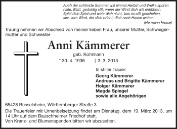 Traueranzeige von Anni Kämmerer von Rüsselsheimer Echo, Groß-Gerauer-Echo, Ried Echo