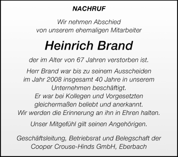 Traueranzeige von Heinrich Brand von Odenwälder Echo