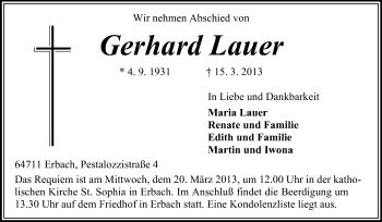 Traueranzeige von Gerhard Lauer von Odenwälder Echo Traueranzeige von Gerhard Lauer von Odenwälder Echo