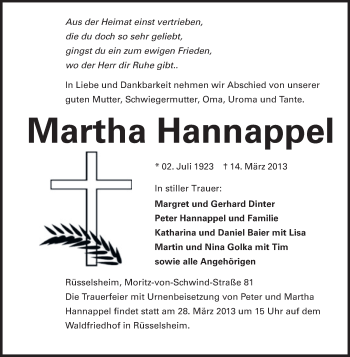 Traueranzeige von Martha Hannappel von Rüsselsheimer Echo, Groß-Gerauer-Echo, Ried Echo