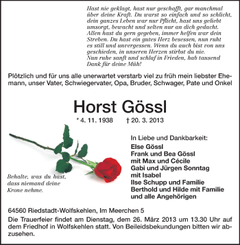 Traueranzeige von Horst Gössel von Rüsselsheimer Echo, Groß-Gerauer-Echo, Ried Echo