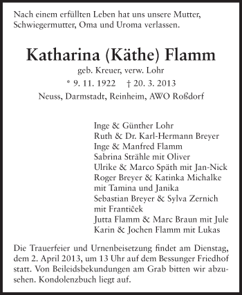 Traueranzeige von Katharina Flamm von Echo-Zeitungen (Gesamtausgabe) Traueranzeige von Katharina Flamm von Echo-Zeitungen (Gesamtausgabe)