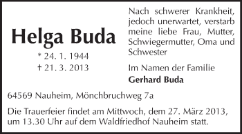 Traueranzeige von Helga Buda von Rüsselsheimer Echo, Groß-Gerauer-Echo, Ried Echo